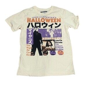 Halloween Graphic T-Shirt Mens Size S White Michael Myers Laurie Strode